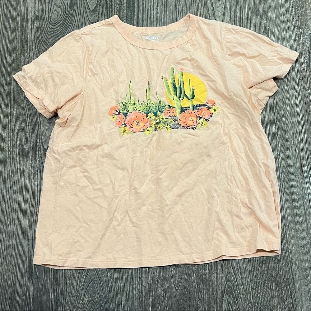 Old Navy Everywear Tee Shirt Short Sleeves Floral Cactus Graphic Print Yellow L